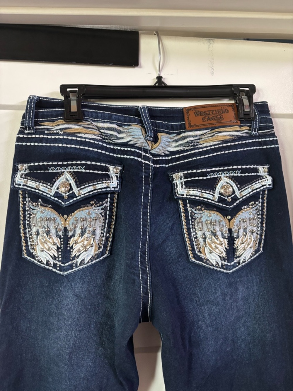 Y2K western Dark Blue Straight-Leg Jeans with Embellished Pockets embroidered